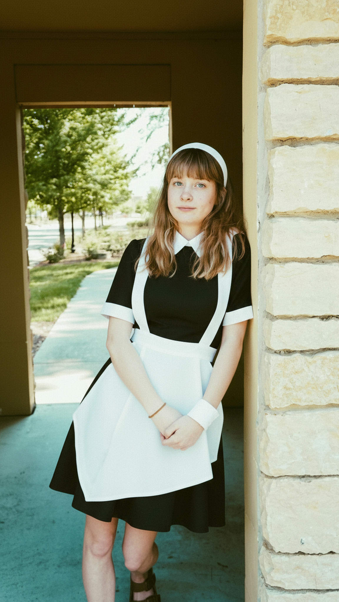 The subject wears a black maid dress with a white apron, collar, and headband.