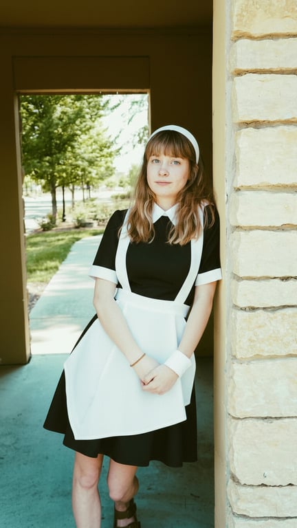 The subject wears a black maid dress with a white apron, collar, and headband.