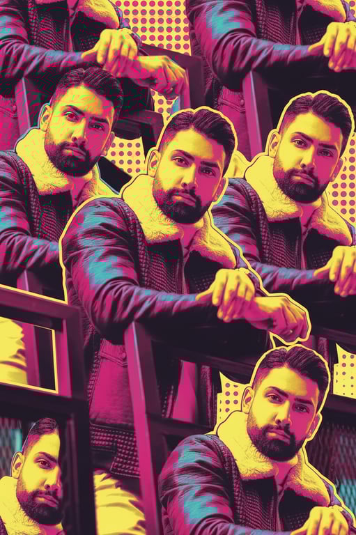 a portrait of a man stylized as pop art, bold flat colors (magenta, cyan, yellow), black outlined features, halftone dot background, repetitive pattern effect.