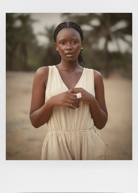 a portrait of a person enhanced with a Polaroid instant photo look, featuring soft contrast, slightly faded colors, warm highlights, gentle haze, subtle vignetting, and clean instant-film texture