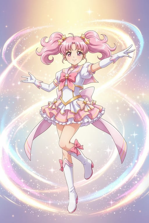 a portrait of a person edited to show a magical girl transformation pose, dressed in a polished anime costume with sailor-style collar, layered skirt, ribbon accents, gloves, boots, surrounded by sparkles and pastel gradients