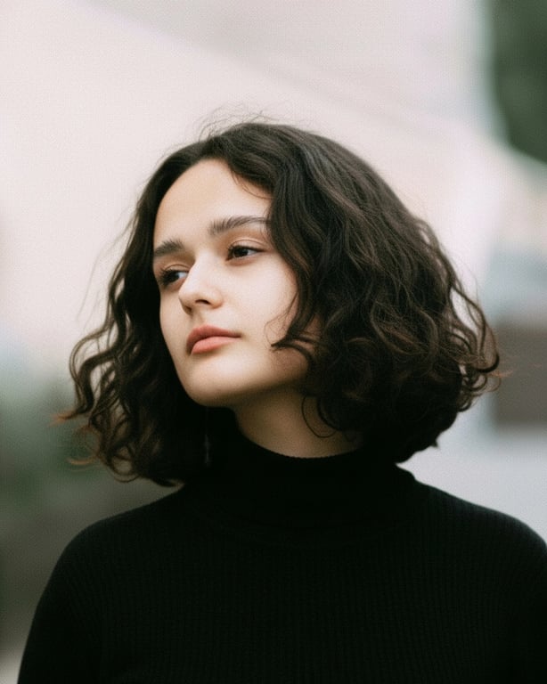 AI Curly hair filter after pic - woman portrait with curly short hair