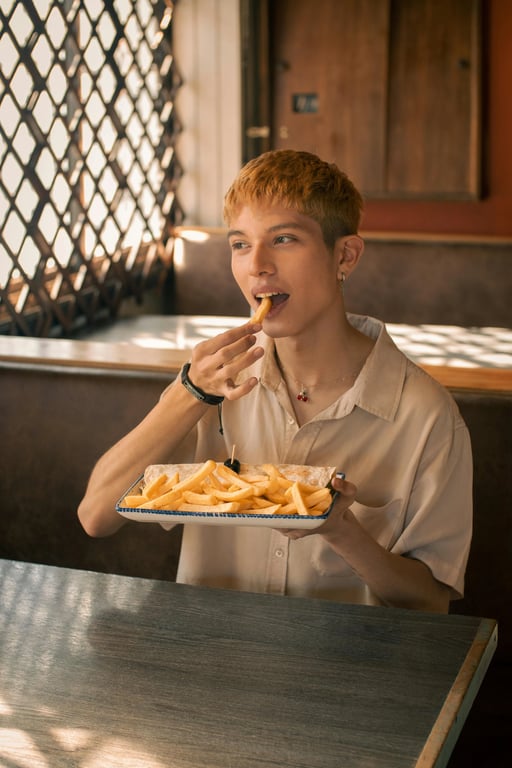 AI Christmas background free before photo - man eating French fries