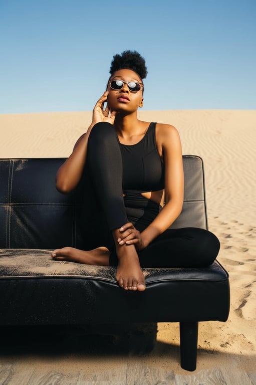 a portrait converted into a minimalist black one-piece swimsuit with sharp silhouettes and high-contrast beach lighting
