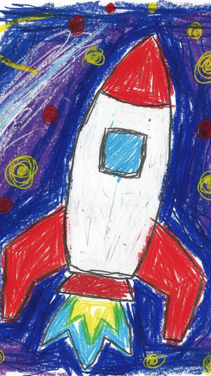 A child-like crayon drawing of a rocket ship in space, with stars scribbled as dots, the rocket colored outside the lines, simple shapes.