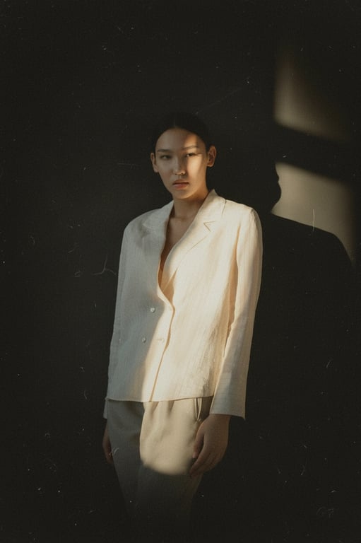 a portrait of a person styled with a vintage camera aesthetic, focusing on age, texture, and optical limitations