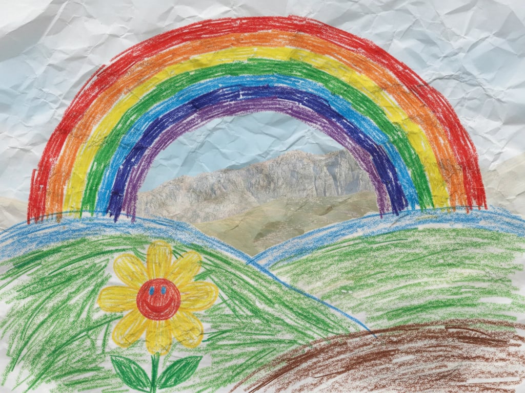 A crayon drawing of a rainbow over hills, with a smiling flower, visible pressure marks from the crayon, colors layered messily, on crinkled paper.