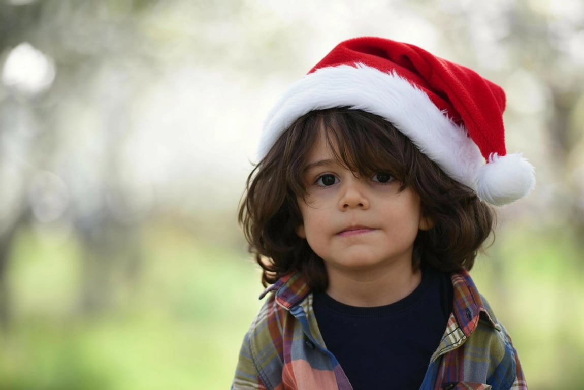 AI baby Christmas photo after photo - baby with curly hair with Christmas decoration