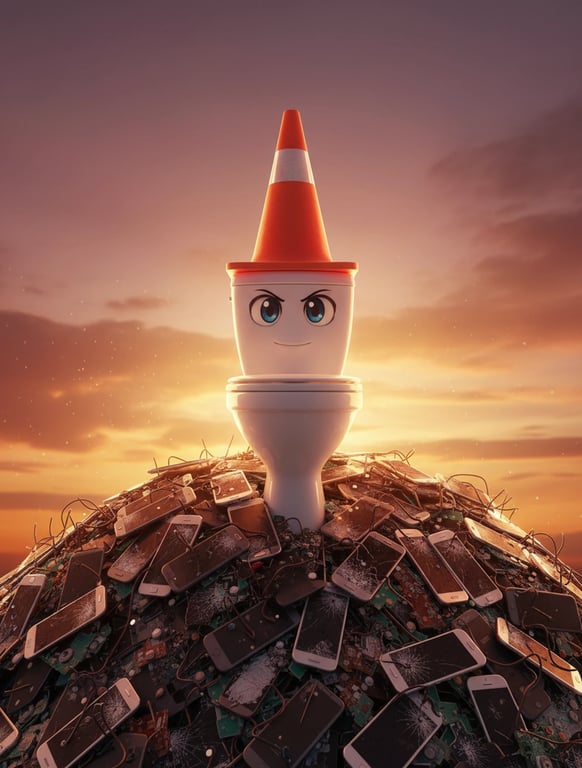 A 3D render of a toilet with anime eyes, wearing a traffic cone as a hat, standing triumphantly on a hill of discarded smartphones, cinematic lighting.