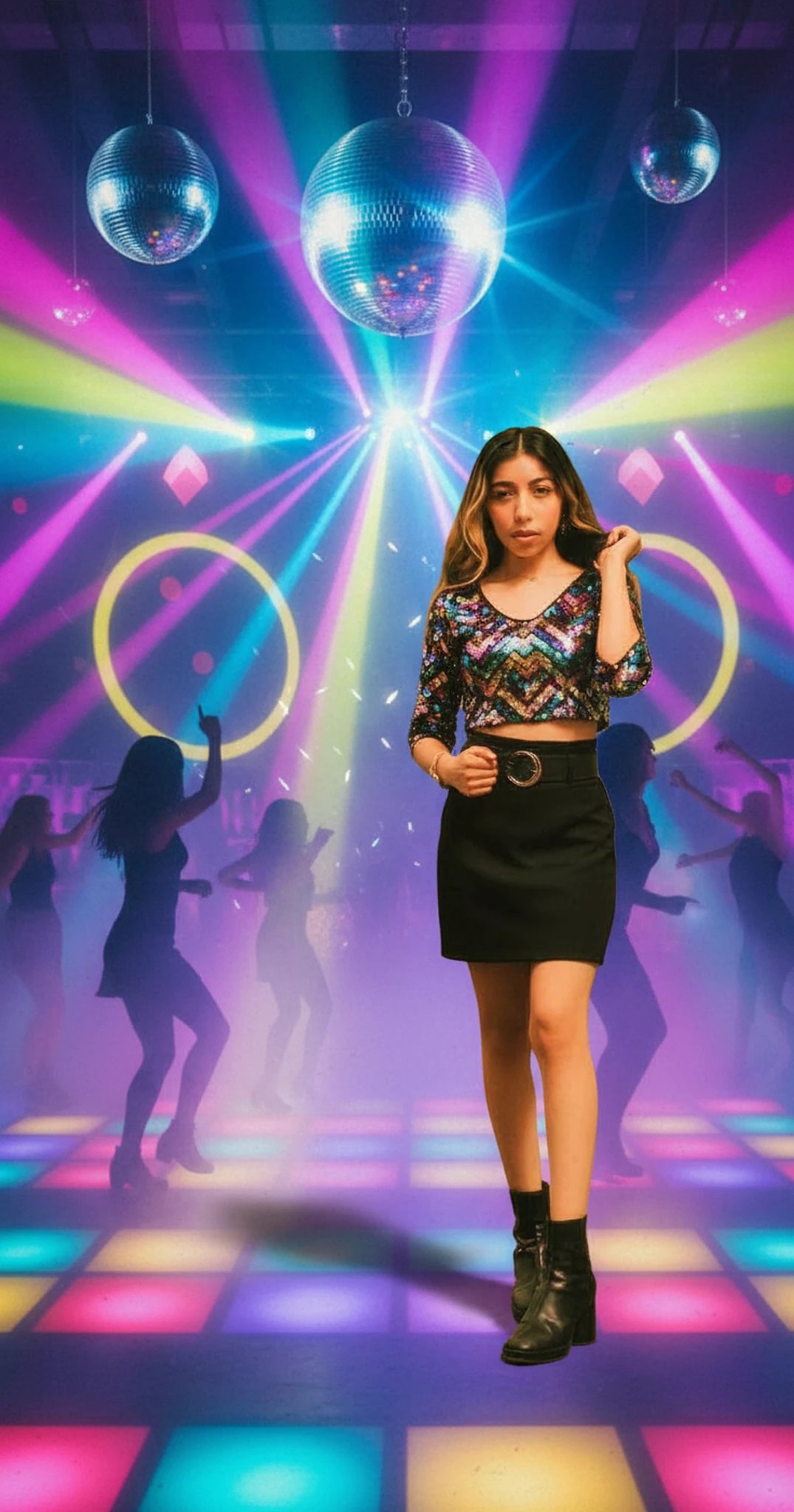 90s theme party clothes filter after transformation - portrait wearing glittery 90s party outfit and bright dance floor lighting