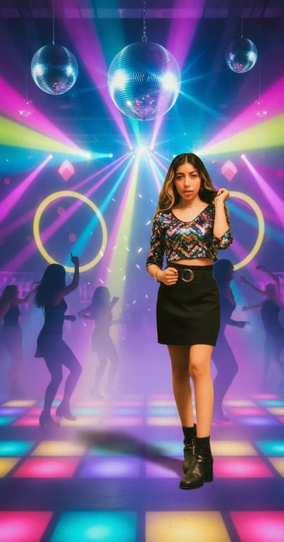 90s theme party clothes filter after transformation - portrait wearing glittery 90s party outfit and bright dance floor lighting