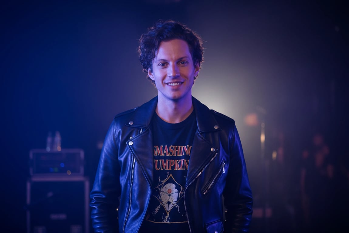 90s theme party clothes filter after transformation - portrait wearing 90s rock party clothes with moody concert vibe