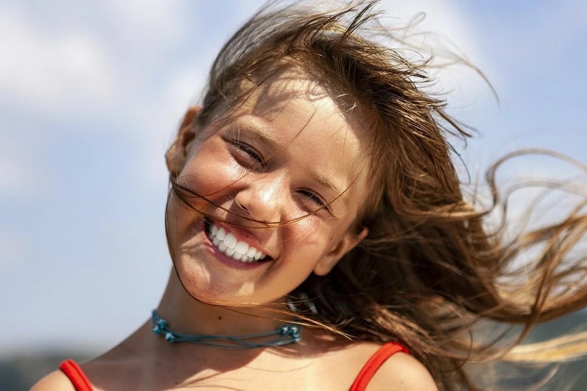 AI teeth whitening filter after photo - girl laughing outdoors with glowing white teeth