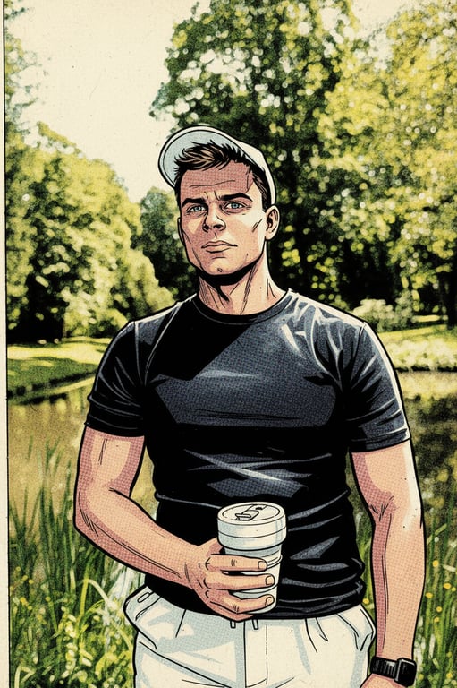 a portrait of a person illustrated as a Marvel comic book character emphasizing expressive line art, strong facial geometry, dynamic shadows, and printed comic aesthetics