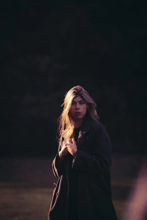 a portrait of a person styled with expressive summer fashion elements, statement summer tops, relaxed-fit bottoms, fresh color accents, confident posture, and clean lighting
