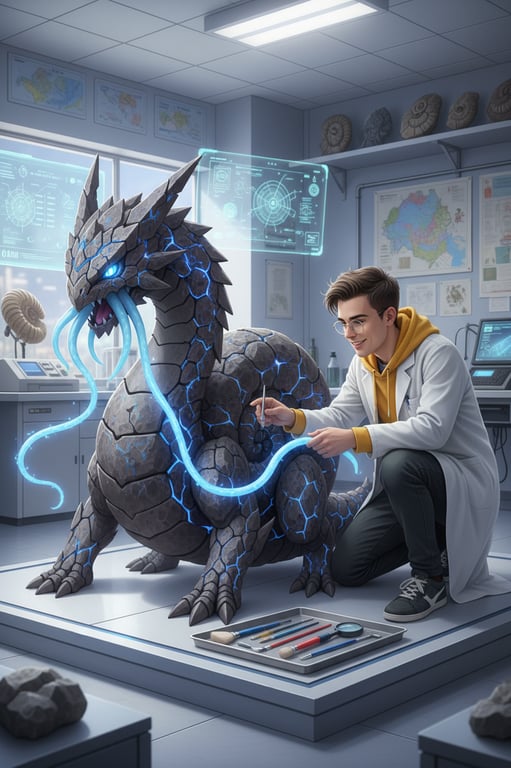 A fossil pokemon, a Rock/Dragon type based on an ammonite, resurrected and alive. It is being carefully studied by an excited young male archaeologist in a modern lab, the pokemon curiously extending a tentacle towards his tools.