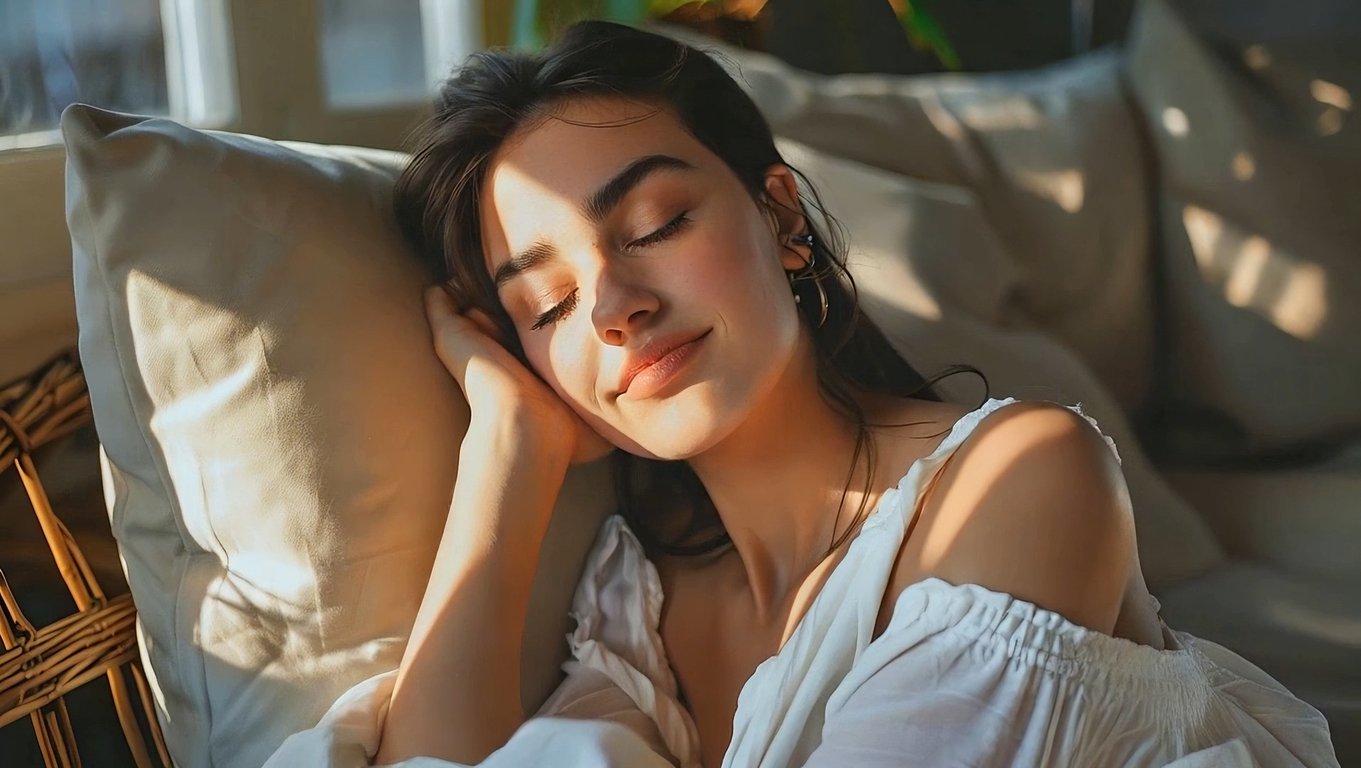 anime film still of a young woman standing in a sunlit room, soft pastel lighting, warm morning sunlight streaming through window, gentle highlights on face and hair, short softly curled hair, calm and slightly vulnerable expression, indoor plants framing scene, light dust particles in air, painterly anime realism style, shallow depth of field, serene cinematic atmosphere, high detail, high resolution