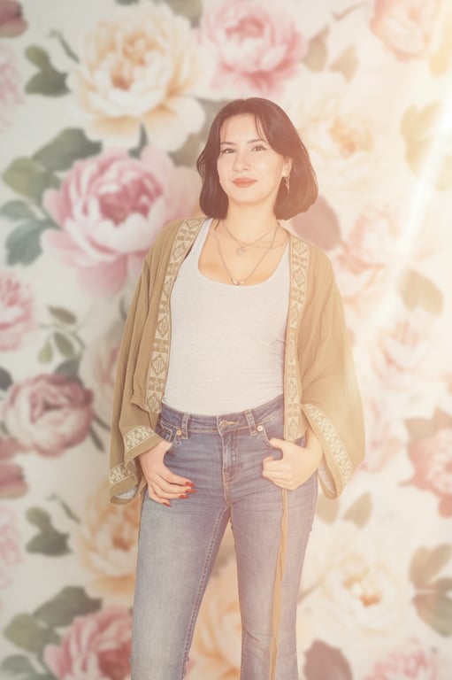 A dreamy soft light portrait of a woman, Instagram filter style, hazy light leaks, lowered saturation, romantic and soft aesthetic, floral background.