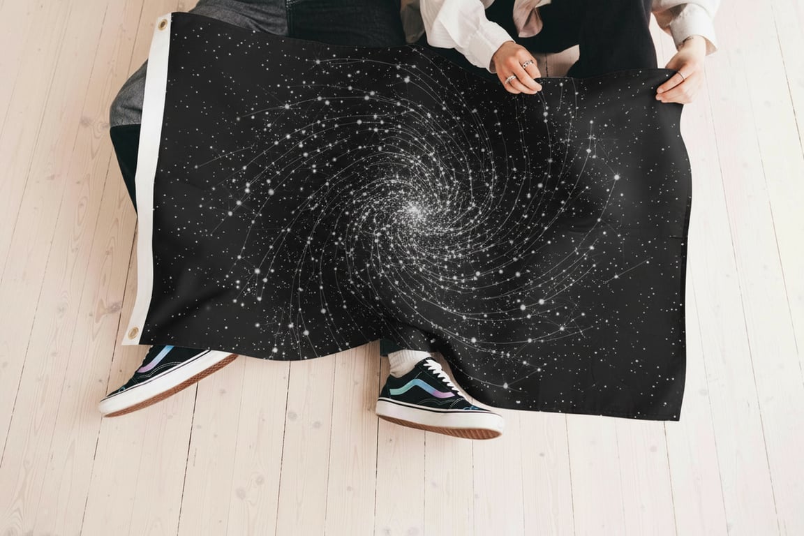 A flag for a sci-fi galactic federation: a deep space black field with a central cluster of silver star systems connected by fine lines, representing unity and exploration.