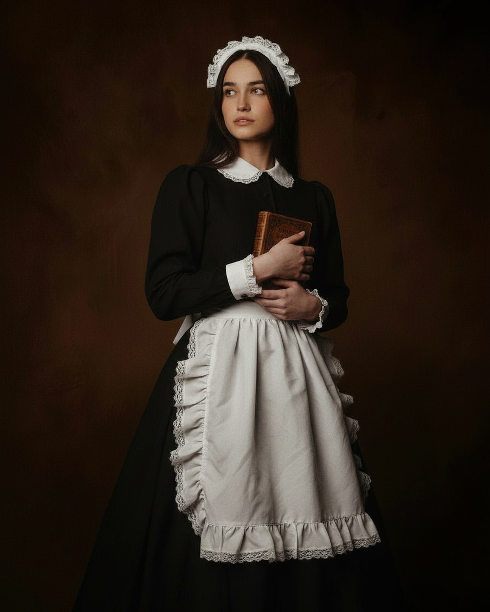 The subject appears in a traditional maid uniform with a white ruffled apron and lace headpiece.