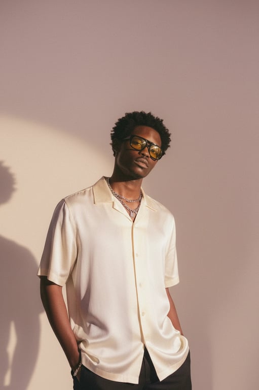 a portrait of a person enhanced with aesthetic outfit styling, smooth color transitions, fashionable simplicity, calm pose, and minimal backdrop