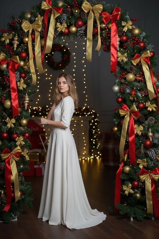 A woman in a long white gown standing under a decorated Christmas arch.