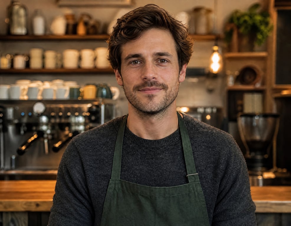 gallery item - 3 - Transform this cafe-owner photo into a warm welcoming video.