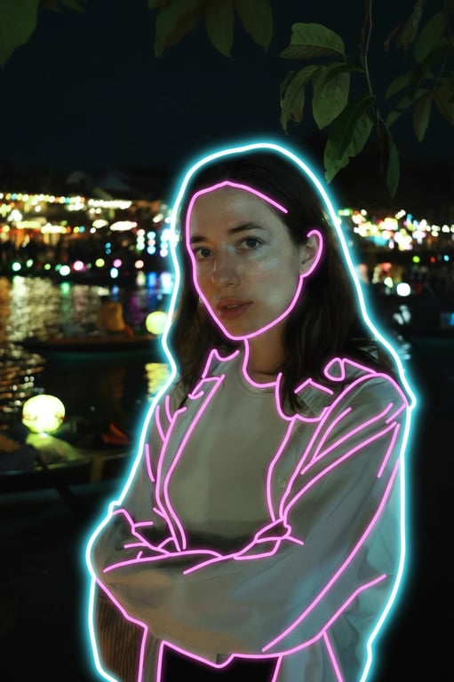 a portrait of a person with a pure cyan and magenta neon outline glow, creating a vibrant double exposure effect against a dark background