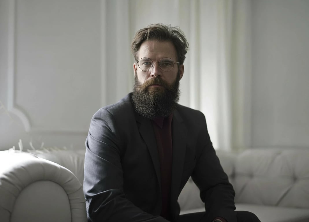 a portrait of a man with an extended goatee style, where the chin beard widens along the jawline for a bold, contemporary appearance