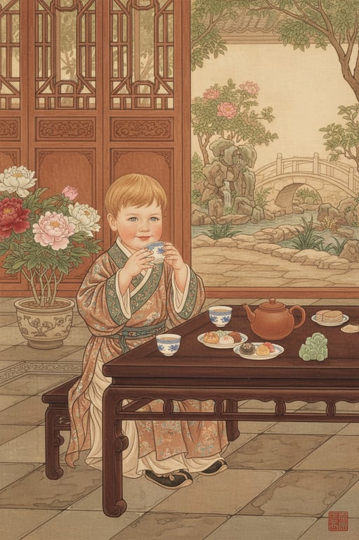 A child enjoying tea in a courtyard, painted in the warm, narrative style of a classical Chinese genre painting, with attention to domestic details and textures.