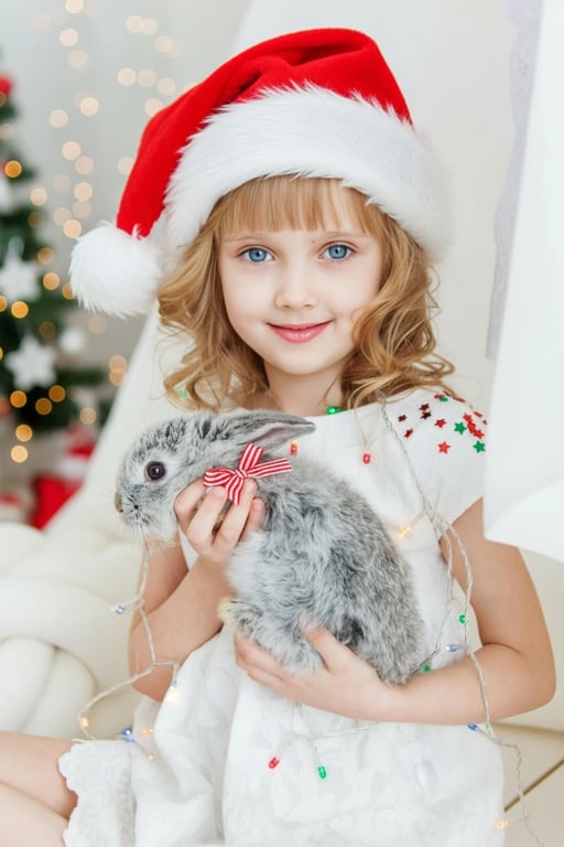 AI baby Christmas photo after photo - girl holding a rabbit with Christmas decoration