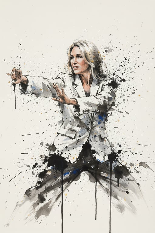 A portrait of a martial artist in motion, captured in the dynamic ink splatter style reminiscent of Wu Guanzhong's abstract landscapes, with bold strokes and empty space.