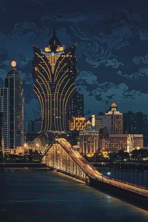 A city street photo rendered in the style of a classic Japanese ukiyo-e woodblock print, with flat areas of color, strong outlines, and stylized clouds.