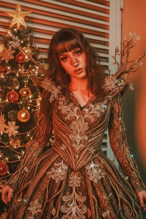 Christmas outfit after – person wearing a whimsical tree ornament dress