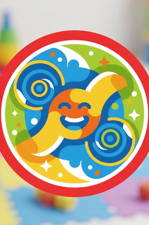 Design a vibrant, playful family emblem that captures the joyful energy and bright, primary colors of the children's playroom photo. Incorporate abstract, interlocking shapes that suggest laughter and movement.