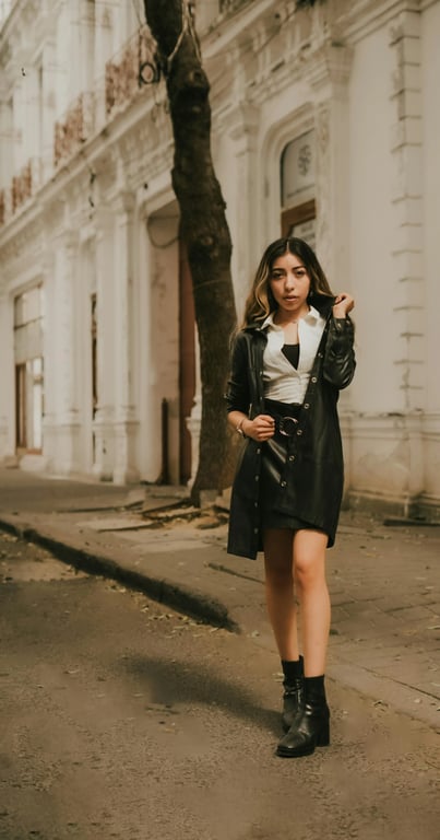 An urban street photography shot with grey buildings and asphalt.