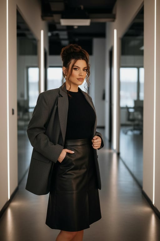 Office Siren Outfits filter after transformation - portrait in oversized blazer and leather skirt with chic office-core vibe