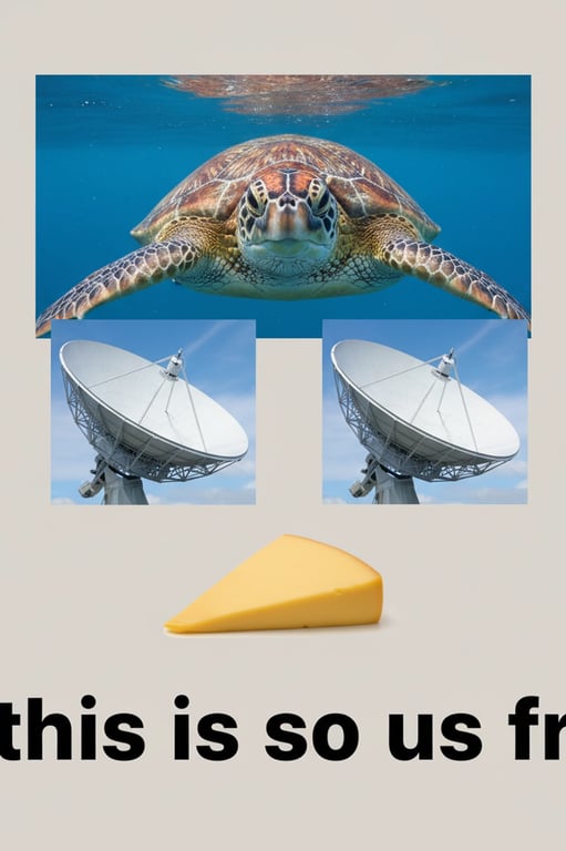 A collage of random stock images (a turtle, a satellite dish, a slice of cheese) arranged into a face, with the caption \"this is so us fr\".
