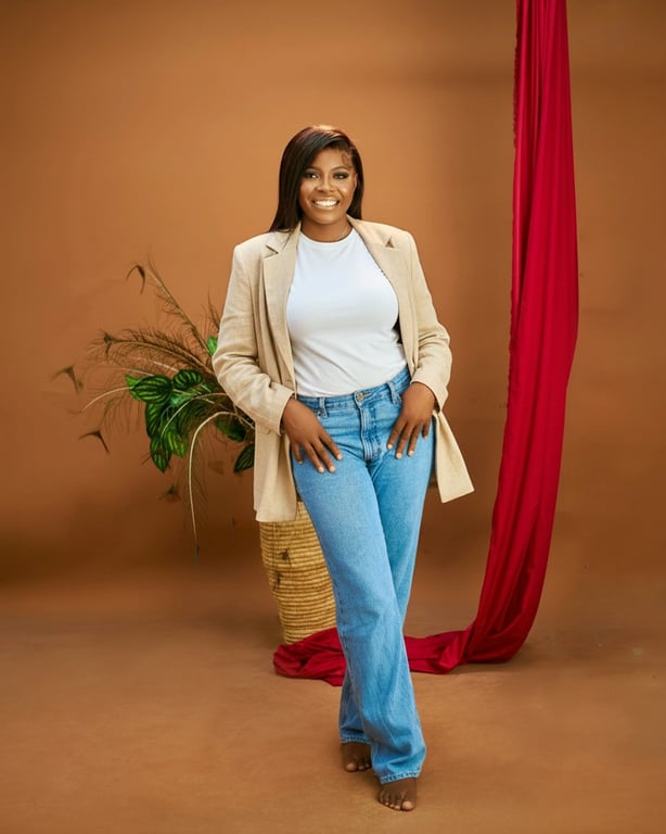 add suit to photo online free – after pic: woman wearing white top and blue pants suit, elegant office fashion