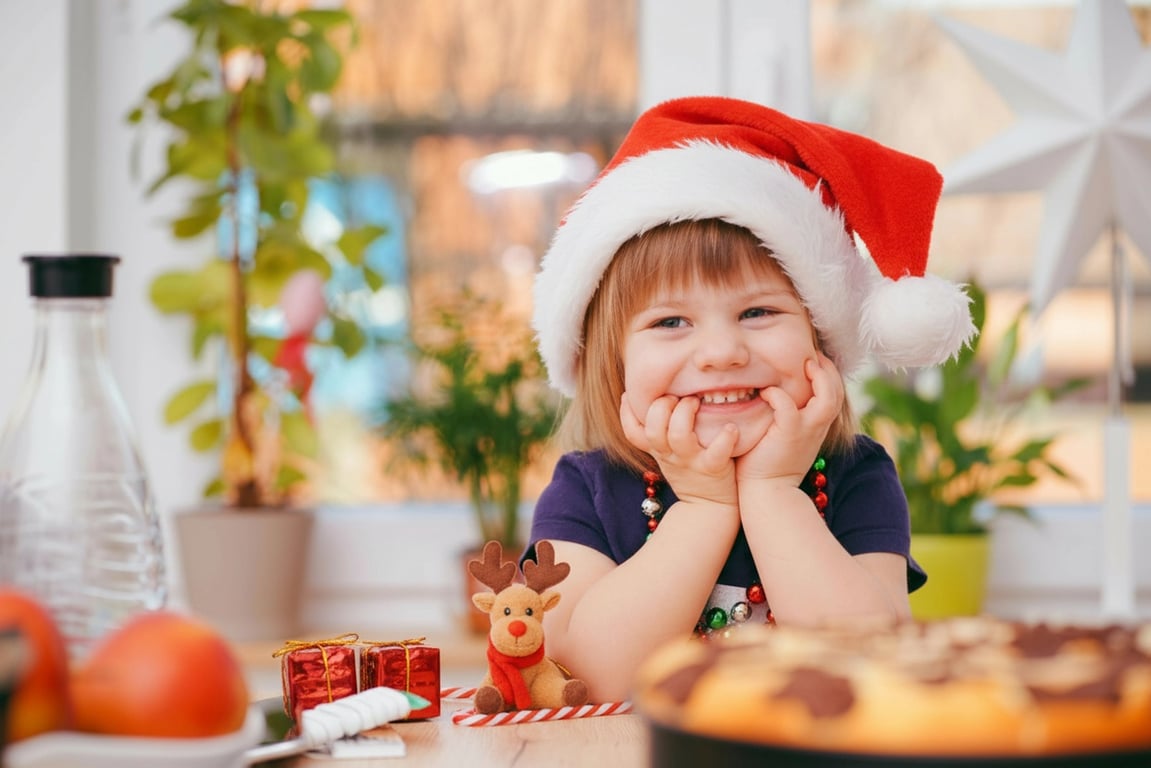 AI baby Christmas photo after photo - kid sitting at the table with Christmas decoration