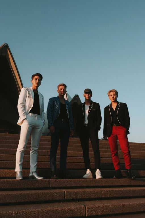 a portrait of multiple young men transformed into a modern K-pop boy group, wearing coordinated stage outfits with tailored jackets, fitted tops, slim trousers, intentional color harmony across members, clear outfit hierarchy, visible garment structure, clean fabric textures, confident upright posture, synchronized group presence, professional studio lighting, and a simple performance-style background