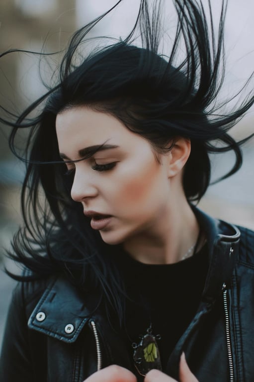 a portrait of a person enhanced with glossy black hair coloration, featuring reflective shine along hair curves, detailed strands, and consistent lighting interaction