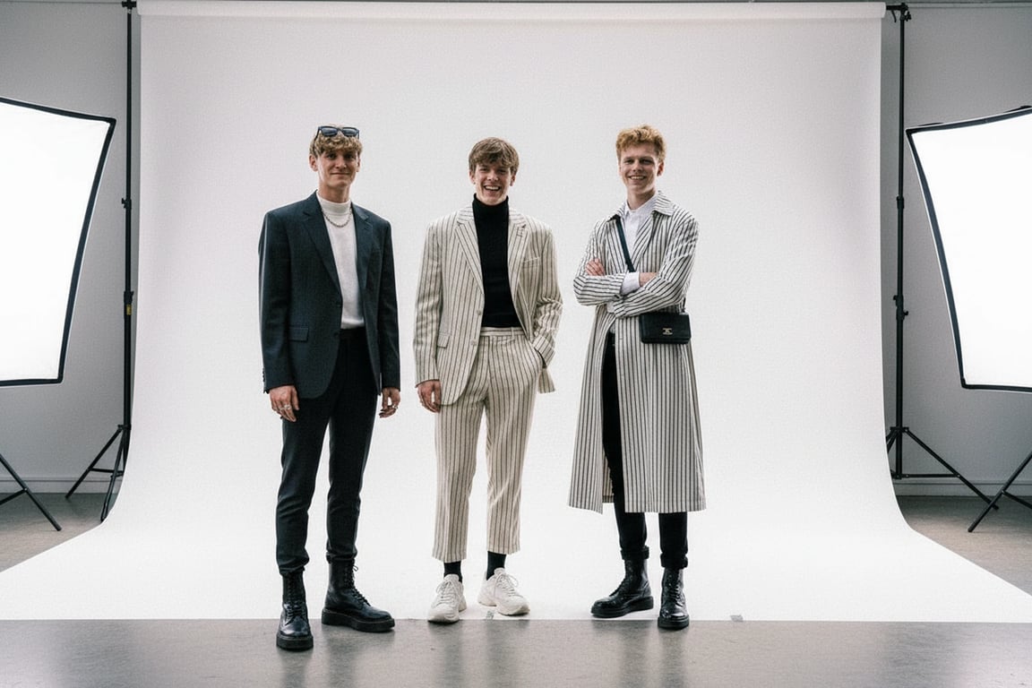 a portrait of a male group styled in modern K-pop boy group outfits, featuring refined tailoring, coordinated silhouettes, clear outfit structure, composed posture, and minimal studio background