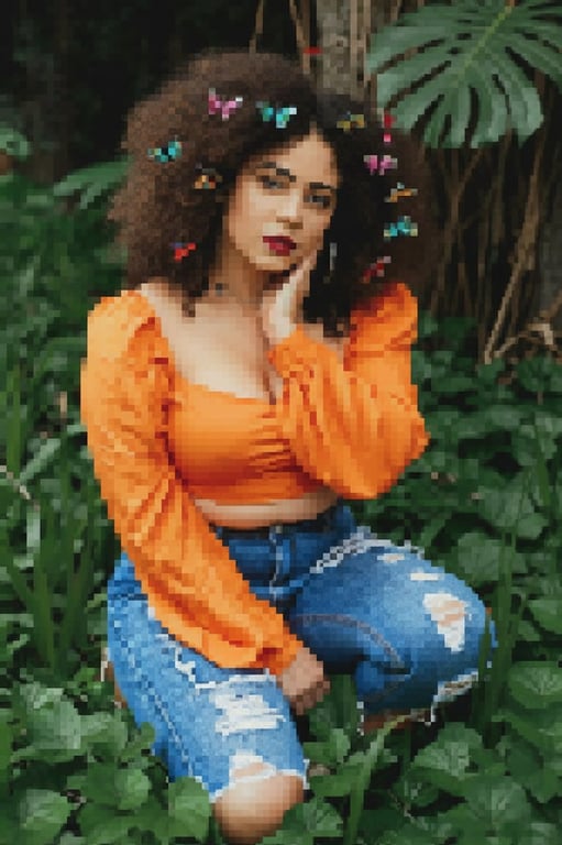 AI pixelate image filter after transformation - fashion portrait recreated in pixelated style