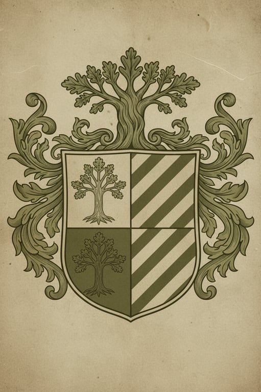 Create a serene and dignified crest inspired by the cool, composed blue and grey tones of the portrait. Use a stylized, protective swan as the central charge on a shield with a calm, wavy division.