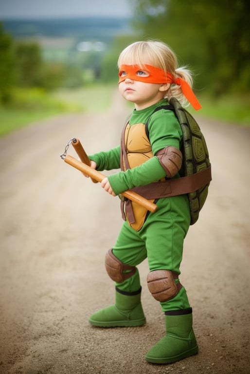 AI mutant ninja turtle outfit filter after transformation - fashion portrait with turtle shell and armor