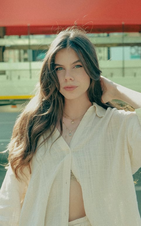 AI long hair filter before photo - woman in white shirt