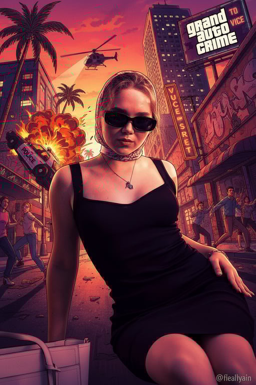a GTA-style illustrated scene that preserves the original person’s identity while placing them in a dynamic GTA-inspired environment, using exaggerated perspective, strong contrast, bold linework, saturated color palette, and dramatic action-oriented composition