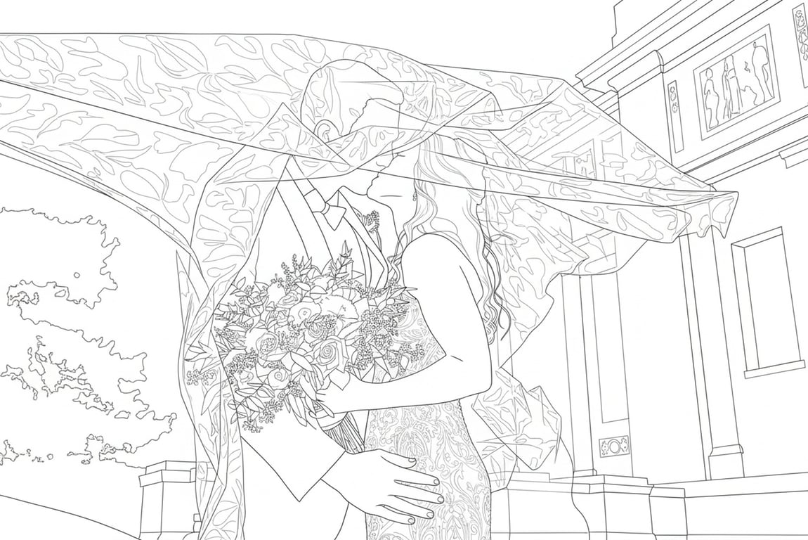 AI coloring page filter after transformation - full body photo converted into coloring page drawing