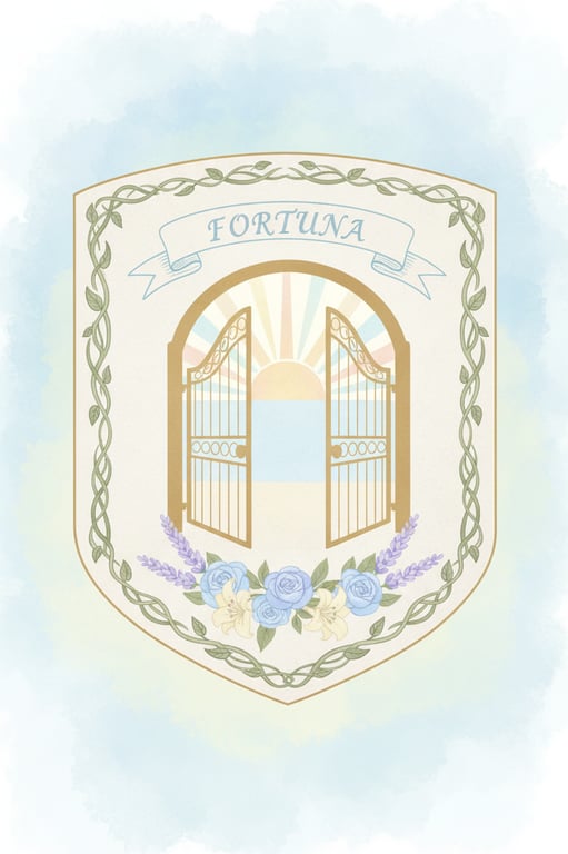 Generate a hopeful, forward-looking crest inspired by the bright morning light and soft pastel colors of the family breakfast photo. Use a rising sun and an open gate as central symbols on a fresh, light-colored shield.